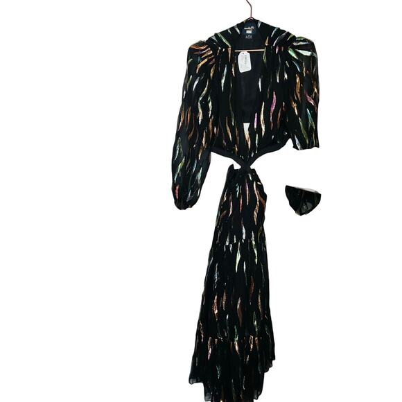 SHOSHANNA Black Georgette Metallic Ribbon Waist Cinching Cutout Randi Dress 14 - Picture 7 of 15